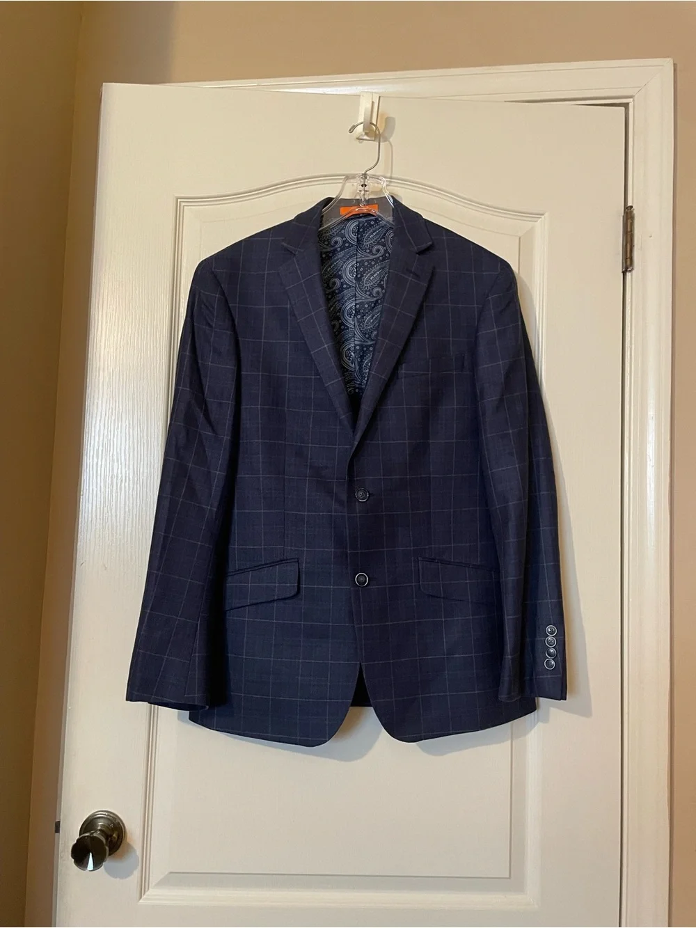 TALLIA Mens Blazer 38R Navy Windowpane Wool Silk Sport Coat Paisley Linin
